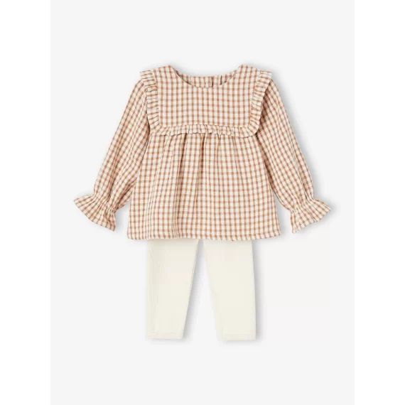Ensemble bébé robe vichy et son legging assorti noix de pécan