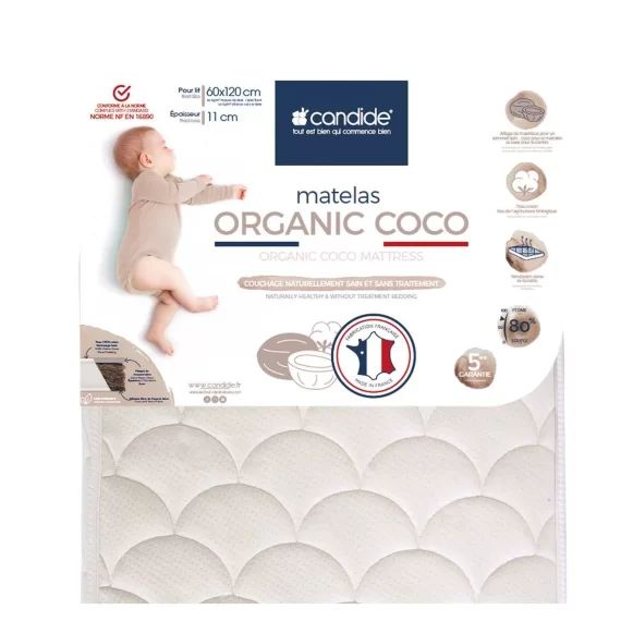 Matelas Bébé 70x140x11cm Organic Coco – Sans Traitement – Ferme – Tissu Coton Bio – Fabriqué En France – Garantie 5 Ans beige