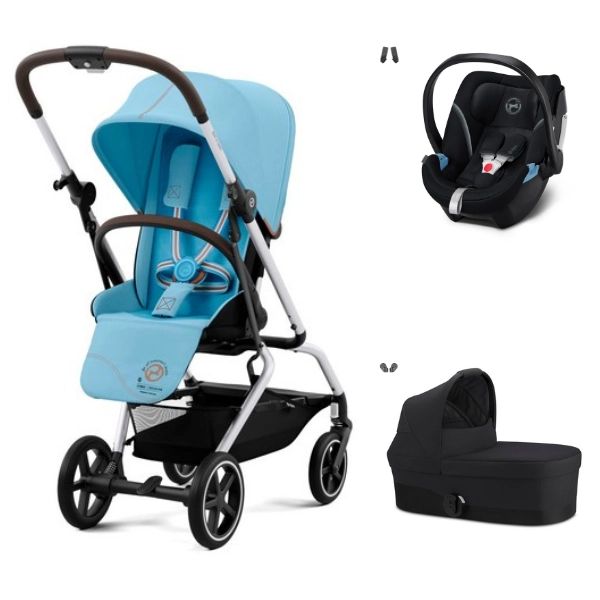 Poussette Cybex Eezy S Twist PLUS 2 – Châssis Silver/ Siège Beach Blue + Nacelle S – Moon Black + Coque Auto Aton 5 – Deep Black