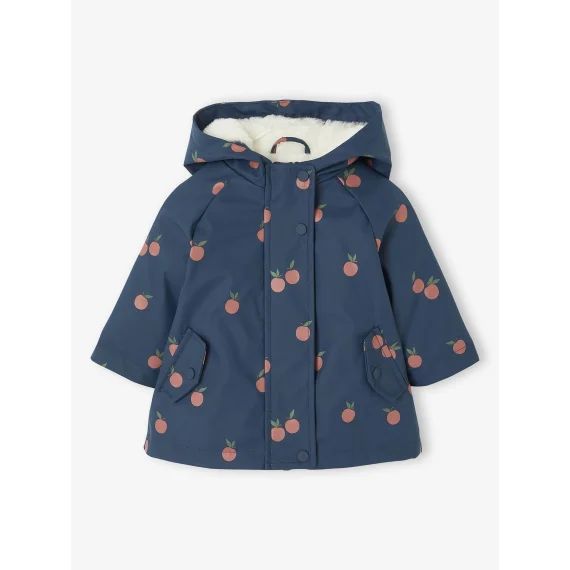Ciré à capuche bébé fille imprimé fleurs et doublé bleu nuit