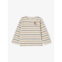 T-shirt rayé motif ours poche bébé manches longues beige chiné