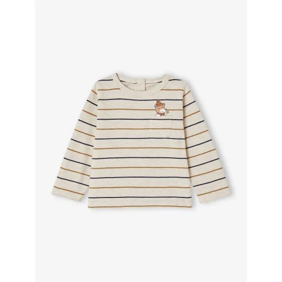 T-shirt rayé motif ours poche bébé manches longues beige chiné