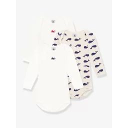Lot de 3 bodies manches longues baleines bébé en coton PETIT BATEAU blanc