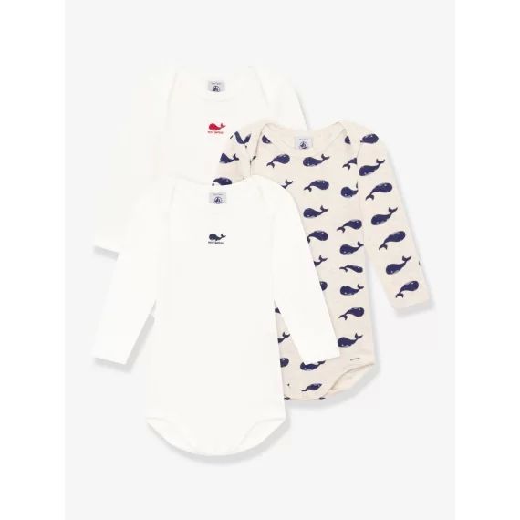 Lot de 3 bodies manches longues baleines bébé en coton PETIT BATEAU blanc