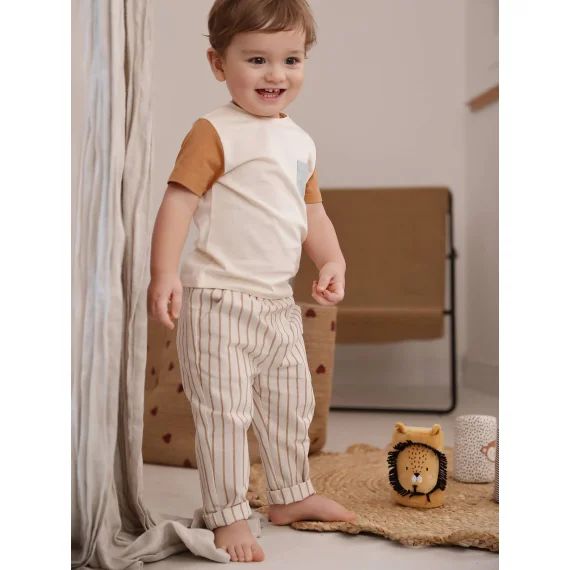 Pantalon rayé effet lin bébé écru