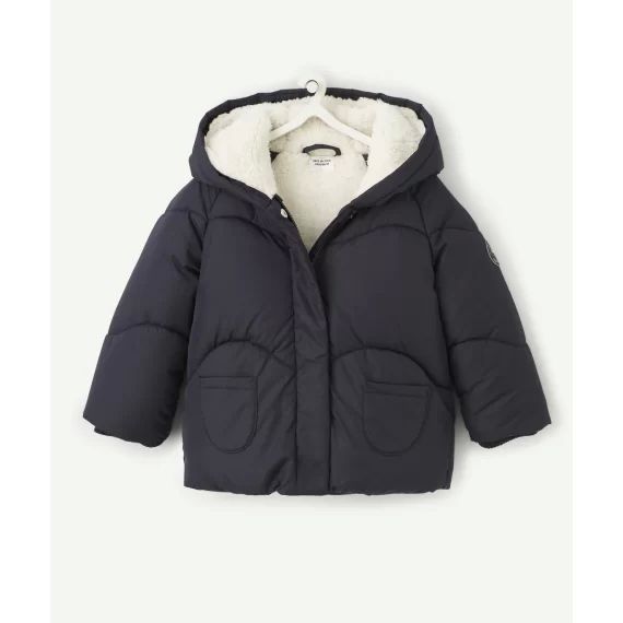 Doudoune à capuche bébé fille en rembourrage recyclé bleu pailleté