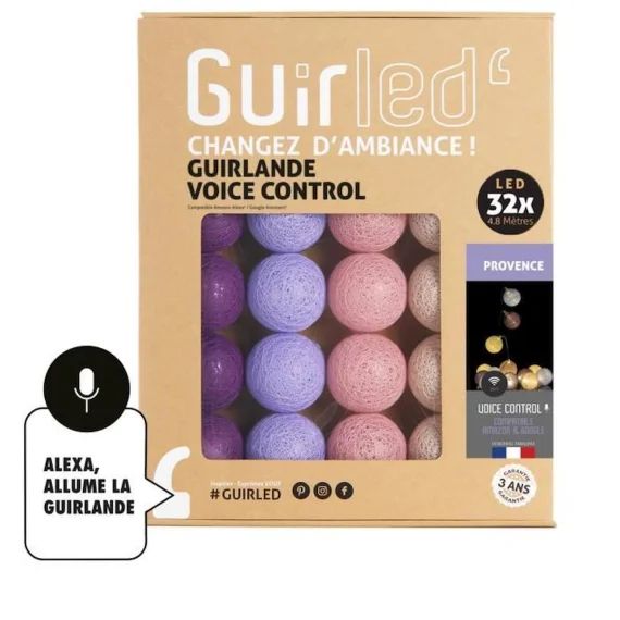 Provence Commande Vocale Guirlande lumineuse boules coton Google & Alexa violet