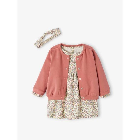 Ensemble 3 pièce robe + cardigan + bandeau bébé fille vieux rose
