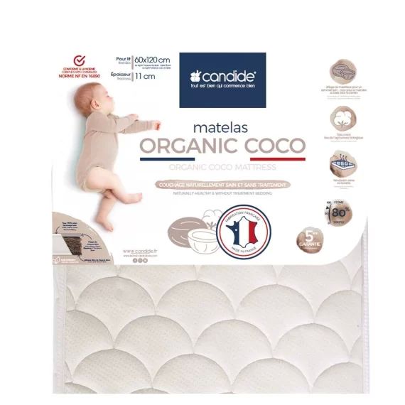 Matelas Bébé 60x120x11cm Organic Coco – Sans Traitement – Ferme – Tissu Coton Bio – Fabriqué En France – Garantie 5 Ans beige
