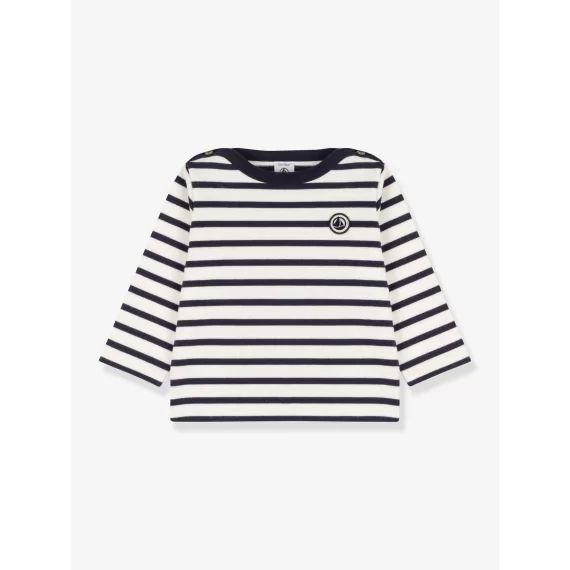 Marinière bébé manches longues en coton bio PETIT BATEAU blanc rayé marine