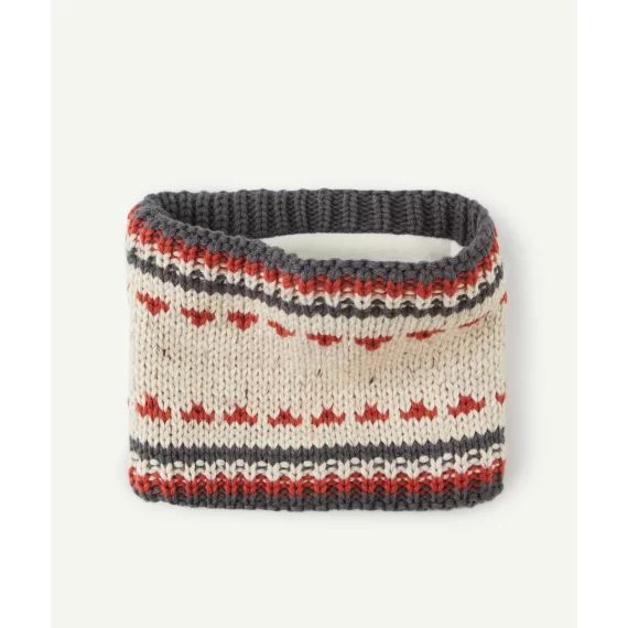 Snood tricot bébé garçon en fibres recyclées beige et gris avec motifs