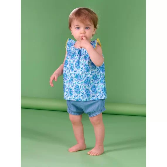 Blouse Et Short Turquoise À Imprimé Fleurs – Bleu