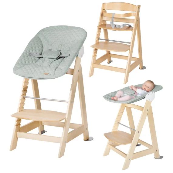 Chaise Haute Évolutive Born Up Avec Transat Déperlant Et Inclinable Roba Style Naturel – Vert Givré
