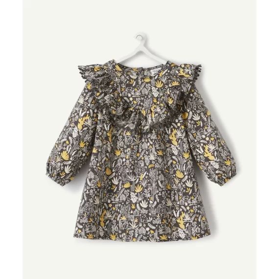 La robe grise avec imprimé jaune et blanc –  – Soldes