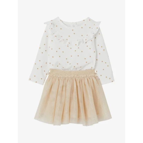 Ensemble fête T-shirt étoilé + jupon brillant bébé fille or