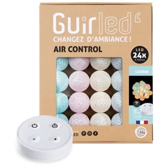 Guirlande lumineuse boules coton LED USB – Télécommandée -Veilleuse bébé 2h –  4 intensités – 24 boules 2,4m – Licorne bleu