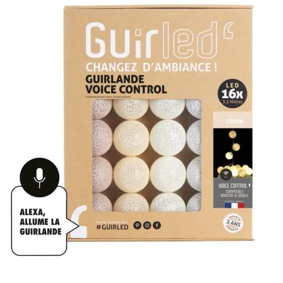 Guirlande lumineuse wifi boules coton LED USB – Commande Vocale – Maison connectée – Amazon Alexa & Google Assistant –  16 boules 1, beige