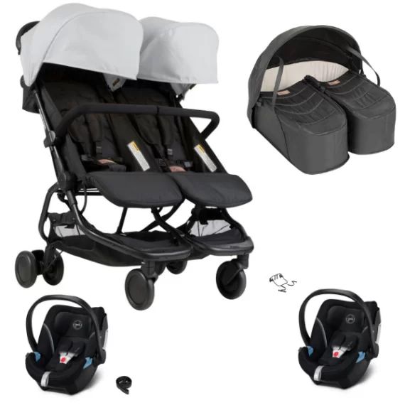 Poussette Double Mountain Buggy Nano Duo – Silver + Cocoon Jumeaux + 2 Coques Cybex Aton 5 – Deep Black