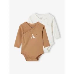 Lot 2 bodies manches longues bébé ouverture naissance en coton bio cappuccino