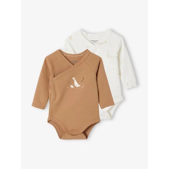 Lot 2 bodies manches longues bébé ouverture naissance en coton bio cappuccino