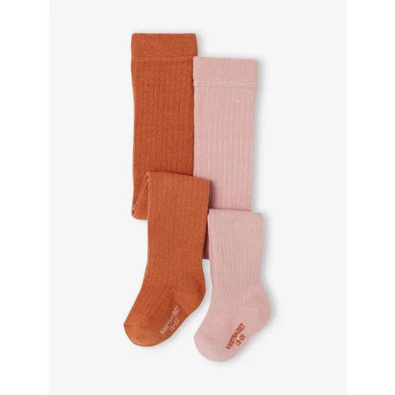 Lot de 2 paires de collants en maille côtelée bébé fille noix de pécan