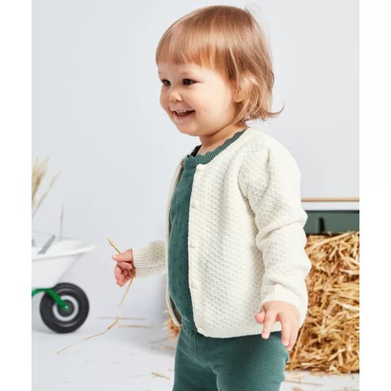 Gilet blanc bébé fille en fibres recyclées et tricot –  – Soldes