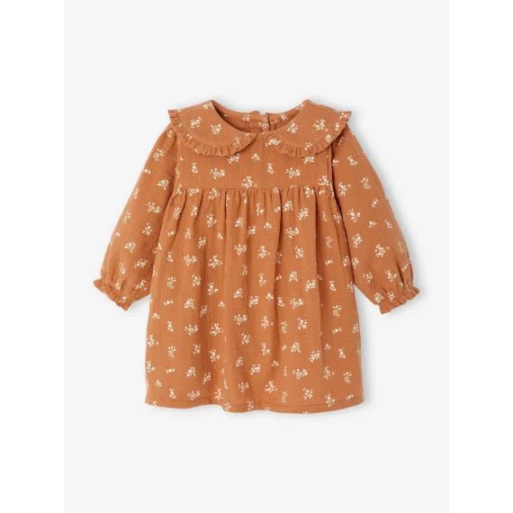Robe fleurie bébé en gaze de coton caramel