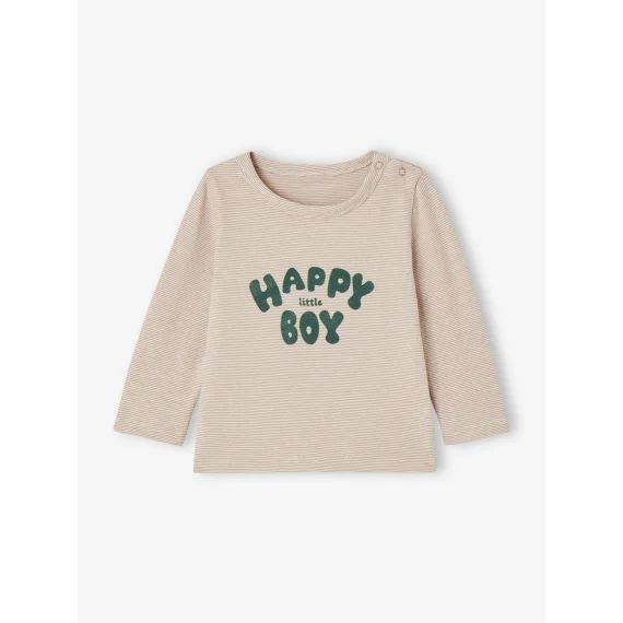 Tee-shirt douillet à fines rayures bébé ouverture pressionnée épaule cappuccino