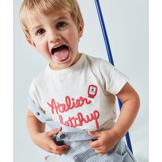 T-shirt bébé garçon en coton bio écru message ketchup –  – Soldes