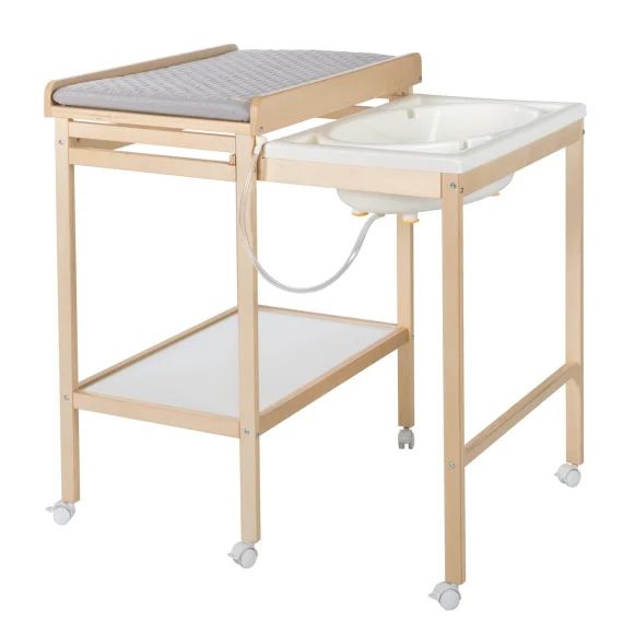 Table À Langer Avec Baignoire Coulissante + Matelas À Langer Déperlant Roba Style Bois Naturel / Gris Argenté