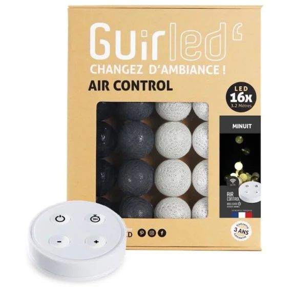 Guirlande lumineuse boules coton LED USB – Télécommandée -Veilleuse bébé 2h –  4 intensités – 16 boules 1,6m – Minuit noir