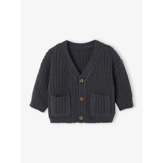 Gilet bébé col V en maille grosse jauge gris ardoise