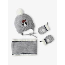 Ensemble bonnet + snood + moufles panda bébé garçon gris chiné