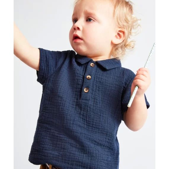 Polo en gaze de coton bébé garçon bleu marine –  – Soldes