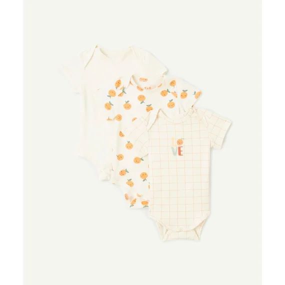 Lot de 3 bodies bébé en coton bio uni et imprimé thème fruits