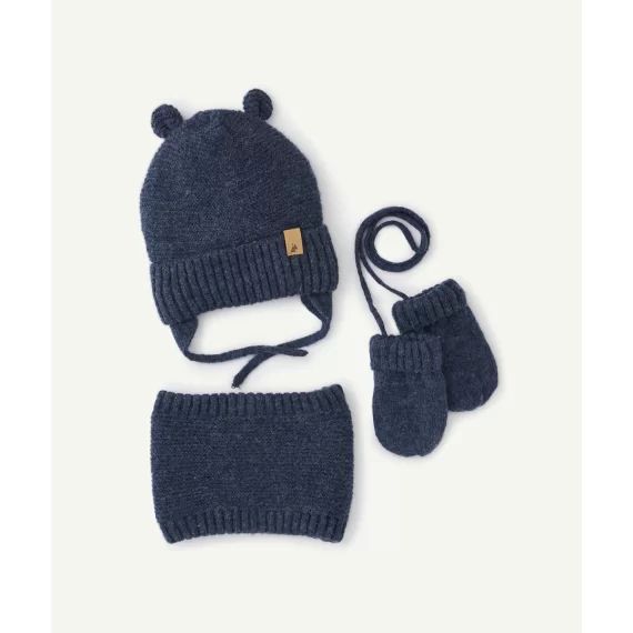 Set tricot bébé garçon en fibres recyclées bleu bonnet moufles et snood