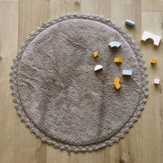 Tapis Rond Coton Lavable Finition Crochet Perla Gris