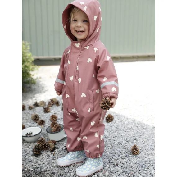 Combinaison de pluie imprimée à capuche bébé doublée polaire vieux rose