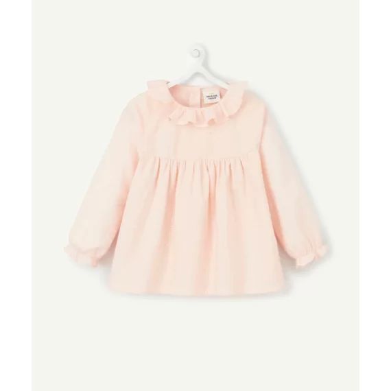Blouse bébé fille en coton rose pâle avec pois en relief et volants –  – Soldes