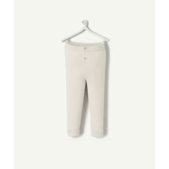 Legging bébé fille en coton bio écru côtelé avec boutons