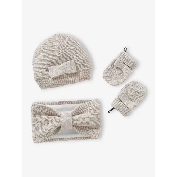 Ensemble bébé fille bonnet + snood + moufles noeuds écru