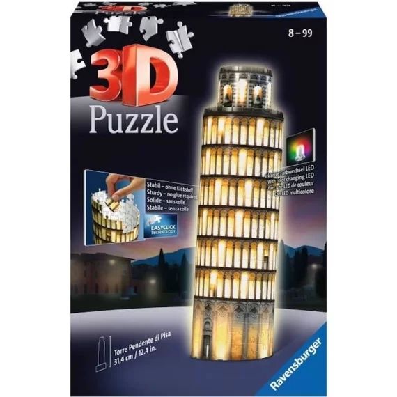 Puzzle 3D Tour de Pise illuminée – Ravensburger – Monument 216 pièces – sans colle – avec LEDS couleur – Dès 8 ans blanc