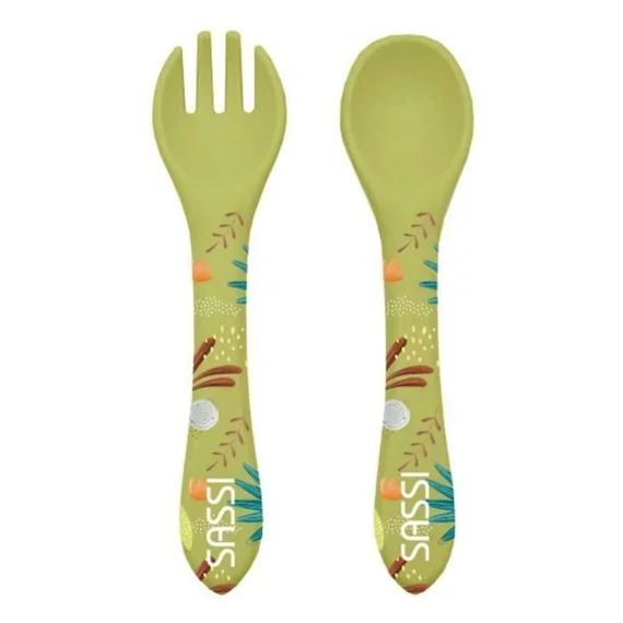 Set Fourchette Et Cuillère En Silicone Animaux Dino Vert