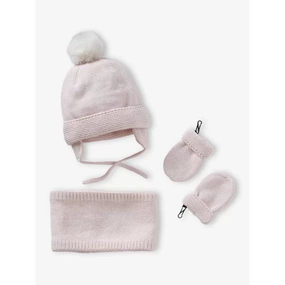Ensemble bébé fille bonnet + snood + moufles rose pâle