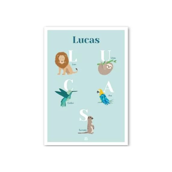 Affiche A3 abécédaire animaux bleu (personnalisable)