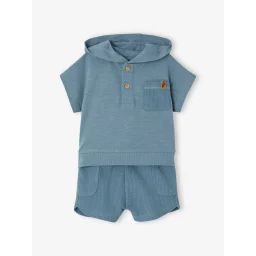 Ensemble bébé T-shirt à capuche et short en nid d&rsquo;abeille bleu canard