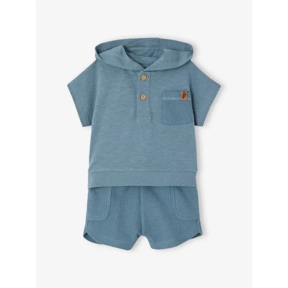 Ensemble bébé T-shirt à capuche et short en nid d&rsquo;abeille bleu canard