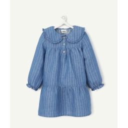 La robe bleue rayée avec col claudine en coton et lin –  – Soldes