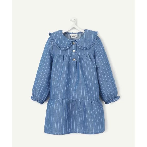 La robe bleue rayée avec col claudine en coton et lin –  – Soldes