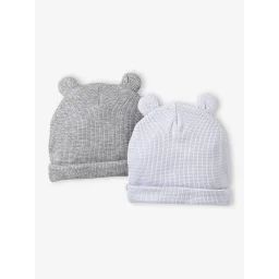 Lot de 2 bonnets naissance à oreilles d&rsquo;ours bleu pâle